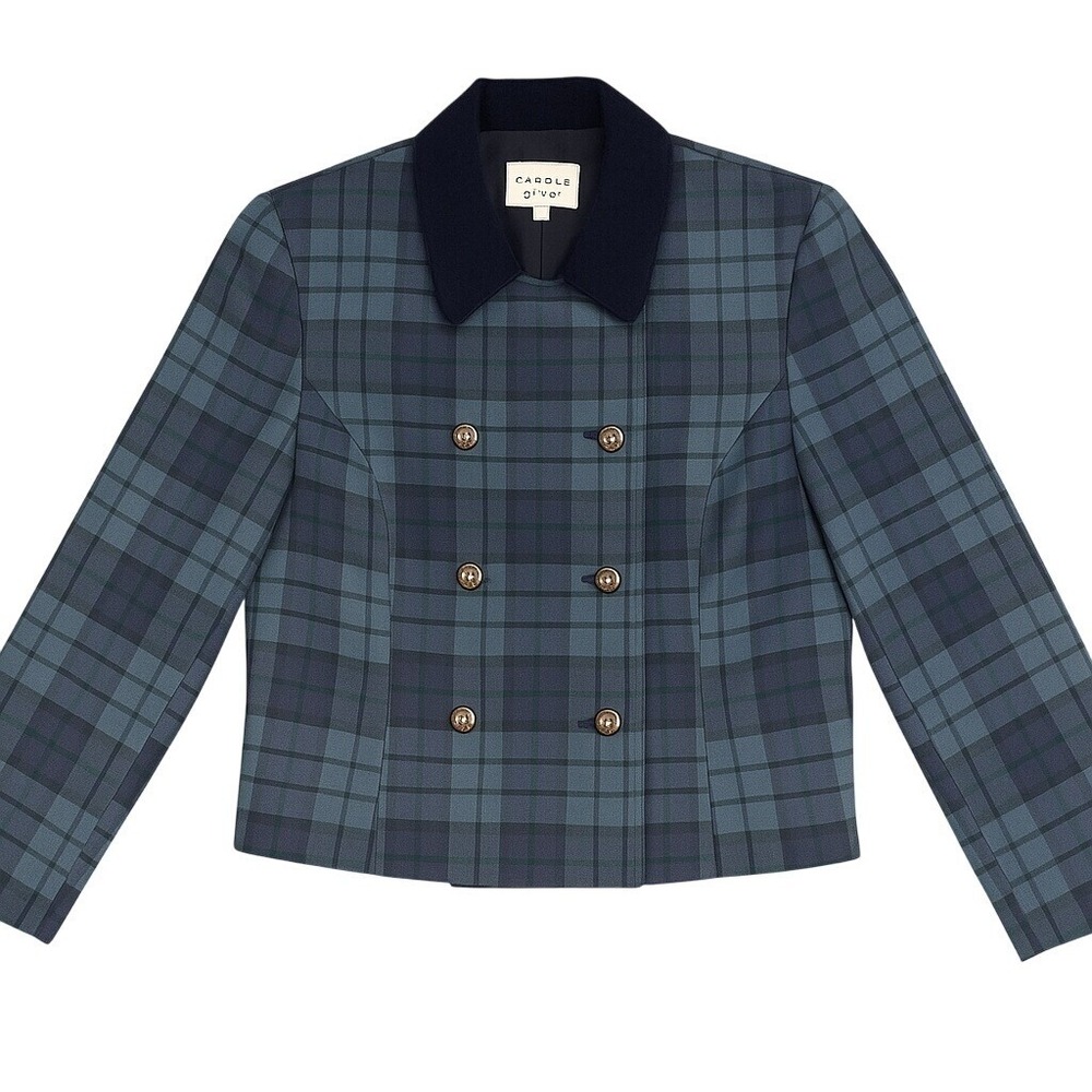 Carroll Reed Blazer Womens 14P Blue Plaid Wool Double Breasted Velvet Collar